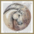 a cross-stitch pattern of a horse's head within a circular frame. The horse is predominantly depicted in shades of grey and white, with intricate details highlighting its textured mane flowing to the left. The background is a mix of muted browns and beiges, giving it a speckled appearance. The horse's expression appears calm, with its eyes and ears carefully crafted to add lifelike detail. The overall composition is centred and focused on the horse's profile, creating a harmonious blend of colors and forms.
