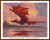 Cross-stitch pattern of a majestic red dragon flying gracefully across a cloudy sky. The dragon's wings are wide and intricately textured, displaying shades of red and orange that contrast against the soft, pastel colors of the sky. The background features pink and yellow clouds, adding a warm ambiance to the scene. Below the dragon, a calm body of water reflects its image. The horizon is lined with a silhouette of dense trees, giving the scene depth and context. The artwork has a bordered frame enhancing its presentation.