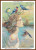 Cross-stitch pattern of a surreal portrait of a woman with long flowing hair, intertwined with branches and delicate white flowers. Perched on the branches are three birds: a yellow-green bird, a black and red bird, and a blue-grey bird, each gazing in different directions. The woman's eyes are closed, and she has a serene expression. Below and to the right, another bird is in flight. The background is a blend of pastel hues, creating a dreamy atmosphere. 