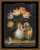 Cross stitch pattern of a still life featuring a bouquet of tulips in a vase, with a turtle positioned beside it. The tulips display a variety of colors, including shades of purple, pink, and yellow, with the petals appearing voluminous and textured. The vase is white with blue swirls and is elegantly shaped, lending a classic look to the composition. A turtle, with a detailed textured shell, is poised beside the vase, appearing to reach toward the flowers. Some petals and leaves are scattered on the surface where the vase rests.