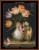 Cross stitch pattern of a still life featuring a bouquet of tulips in a vase, with a turtle positioned beside it. The tulips display a variety of colors, including shades of purple, pink, and yellow, with the petals appearing voluminous and textured. The vase is white with blue swirls and is elegantly shaped, lending a classic look to the composition. A turtle, with a detailed textured shell, is poised beside the vase, appearing to reach toward the flowers. Some petals and leaves are scattered on the surface where the vase rests.