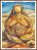 cross stitch pattern of a seated faceless figure with a spiral on the abdomen, in earthy tones with a blue sky background