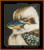 A cross-stitch pattern of a kookaburra, focusing on its head. The bird's feathers are rendered in intricate detail with shades of brown, white, and blue, creating a textured and realistic appearance. Its eye is round and expressive, with a black pupil outlined in white. The beak is prominent, colored in a gradient from dark blue to light brown at the tip. The background is a deep black, which contrasts with the bird's light-coloured feathers. 
