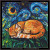 a cross stitch pattern in the style of Vincent Van GOgh with a tabby cat curled up on the grass asleep