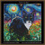 cross stitch pattern of a black and white cat set against a swirling colourful Van Gogh inpsired background
