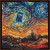 cross stitch pattern of a swirling night sky with a blue police box amidst vibrant blues, yellows, and oranges, inspired by van Goghs The Starry Night