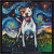 cross stitch pattern in the style of Vincent Van Gogh The Starry Night featuring a happy pitbull with waggy tail