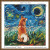 cross stitch pattern in the style of Vincent Van Gogh Starry Night with Shiba Inu dog under a swirling starry sky