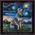 Cross-stitch pattern of a vibrant, detailed artwork featuring an Australian Cattle Dog Blue Heeler dog sitting in a field of green grass, set against a starry night sky. The sky is filled with swirling blues and yellows, reminiscent of van Gogh's "Starry Night," with prominent circular star patterns. The dog has a mottled coat with shades of grey, brown, and black, and it sits with its head tilted slightly upward, gazing into the sky. The background features dark, rolling hills along with a colourful sky transitioning from orange to dark blue.