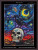 Cross stitch pattern of a skull with a crow perched on top against a swirling, Van Gogh-like night sky