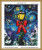 cross stitch pattern of a lamppost with red bow against a swirling blue and yellow sky in the style of Vincent Van Gogh