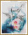 Cross-stitch pattern depicting three birds with detailed wings in flight. The birds are illustrated in black ink-like strokes, conveying a sense of movement and grace. Beneath them is a large, abstract splash of blue, teal, and purple watercolour, which gives the image a fluid and dynamic quality. The watercolour spreads across the lower part of the image and incorporates hints of pink and orange that resemble a setting sun or glowing orbs. At the centre of the splash, there is a skull, which adds an element of intrigue and contrast to the scene. A full moon, pale and translucent, hovers in the background, partially obscured by the clouds. The entire composition is set within a simple gold frame.