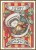 A cross-stitch pattern featuring a ferret wearing a Santa hat, nestled inside a circular frame. The ferret is holding a small teddy bear with a red ribbon around its neck. The background consists of red and yellow vertical stripes. Surrounding the circular frame are sprigs of holly with bright red berries. At the top and bottom of the frame are banners with text 'merry Christmas'.