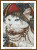 A detailed cross stitch pattern depicting a white cat dressed as a pirate. The cat has heterochromia, with one blue eye and one amber eye, giving it a striking appearance. It is adorned with a red brown pirate hat with a black bow and gold trim, decorated with various chains and jewels. A spiral earring dangles from its ear, and a beaded necklace wraps around its neck. Beside the cat, there is a stack of gold coins and a black barrel displaying a white skull motif. The background features a patterned design with green and gold colors, enhancing the pirate.
