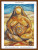 cross stitch pattern of a seated faceless figure with a spiral on the abdomen, in earthy tones with a blue sky background