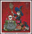 The cross-stitch pattern depicts a whimsical scene of a skeleton witch stirring a cauldron with a skeleton submerged inside. The witch, wearing a large, blue pointed hat and a ragged blue gown with a pink skirt, is holding a broom-like stirring stick. The cauldron is bubbling with green liquid and suspended bubbles. Around the cauldron, there are various objects, including a blue glass bottle labeled "#9," and a cardboard box marked "Love 24K." Beside the box are small red hearts, a black raven, and a skull on the ground. The background is a deep red, giving a mystical and eerie ambiance to the illustration.