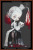 A cross-stitch pattern of a surreal figure with a pale face and closed eyes, adorned with intricate black stitches across the face forming a heart shape around one eye. The figure has long white hair styled in a braid mixed with red and white tendrils resembling feathers, and is dressed in a white, Victorian-style dress with puffed sleeves. She holds a grinning white cat with red eyes. At the base of the figure’s dress, there are twisted, cage-like structures with a black, grid-like pattern, revealing faint legs within. There are abstract shapes and eyes in the lower corner, adding to the eerie ambiance.