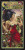 cross-stitch pattern of art nouveau-style illustration of a woman with an elaborate hairstyle and flowing dark hair. She is adorned in a red corset dress embellished with cupcakes, with one topping her shoulder like a brooch. A swirling, green, tentacle-like vine wraps around her, holding additional cupcakes. The background is composed of radiating lines in shades of pink and beige, contributing to the vibrant and whimsical composition. The upper section of the image includes ornate, decorative text in a stylized, green font.