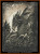 Cross-stitch pattern of a detailed illustration of a dragon surrounded by a dark, ominous landscape. The dragon is depicted in profile, with its head turned slightly towards the viewer, showcasing intricate scales and sharp, curved horns. Its wings are expansive and folded, casting shadows over its scaled body. Surrounding the dragon are piles of bones and skulls, adding to the dark and eerie atmosphere. In the background, jagged, rocky peaks rise, and swirling clouds fill the sky with a mystical light, giving the composition a sense of depth and complexity. The entire image has a sepia-toned coloration, enhancing its old-world, mythical feel.