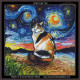 cross stitch pattern in the style of Vincent Van Gogh stary night of a calico cat with backdrop of starry night
