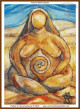 cross stitch pattern of a seated faceless figure with a spiral on the abdomen, in earthy tones with a blue sky background