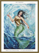  cross stitch  pattern of a mermaid amidst swirling ocean waves, with a green tail and a pearl in her hand