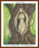 cross stitch pattern of an abstract human figure in a tree trunk with green foliage background