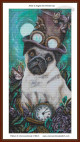surreal cross stitch pattern of a pug dog in a purple top hat with goggles and a pocket watch in a fantasy steampunk theme