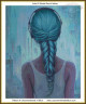 cross stitch pattern of a woman with braided teal hair wearing headphones with a cityscape background in shades of teal and blue