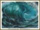 cross stitch pattern of a large ocean wave curling dramatically with a few small figures surfing in the wave
