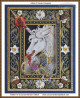 cross stitch pattern in the style of medieval tapestry featuring a unicorn flowers fruits and a chain