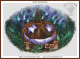 cross stitch pattern of a carved pumpkin painting with star shaped eyes and a purple smile set in a forest with glowing aurora sky