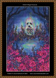 Cross stitch pattern featuring a spectral figure in a colourful, starry landscape. At the centre is a ghostly white form with black eye sockets and an open mouth, surrounded by a vivid halo of blues, greens, and pinks, suggesting an ethereal glow. The background is a deep blue night sky filled with stars. Surrounding the spectral figure is an intricate array of flowers in shades of pink and purple. Stylized branches and foliage weave around the edges, creating a sense of enclosure and depth. The image has a pointillist texture, giving it a detailed and textured appearance.