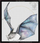 cross stitch pattern of a bat with galaxy-patterned wings and a golden circle