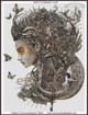 cross stitch pattern of a shaman with hair adorned with flowers, vines and butterflies, a cresent moon with a skill holding a key floats below her