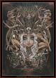 cross stitch pattern of a detailed illustration of a female figure with a bone headdress and mythical elements