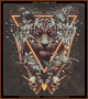 mystical composition featuring a tiger's face framed by a triangle, surrounded by butterflies, white flowers, unicorns, and skulls against a starry background