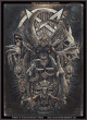 cross stitch pattern of horned creature with glowing eyes surrounded by skulls and intricate designs