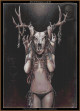 cross stitch pattern of a female figure wearing a skull with antlers as a headdress, standing against a dark background