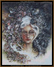  cross stitch pattern of a woman's face surrounded by intricate floral and butterfly arrangements blending hair and flowers together in a surreal scene
