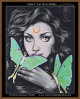 cross stitch pattern of a portrait of a woman with dark hair and a crescent moon on her forehead, accompanied by two green luna moths