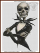 cross stitch pattern of a skeleton in black striped suit with crossed arms and a bat bow tie