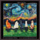 cross stitch pattern in the style of Vincent van gogh the starry night of five cats sitting together