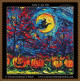 cross stitch pattern in the style of vincent van gogh the starry night with a witch flying across a field of pumpkins on a broom