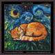 a cross stitch pattern in the style of Vincent Van GOgh with a tabby cat curled up on the grass asleep