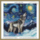 cross stitch pattern in the style of Vincent Van Gogh the starry night with a wolf howling to the moon