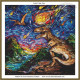 cross stitch pattern of a t-rex standing atop a hill with a meteor crashing down from the sky in the style of Vincent Van Gogh starry night