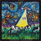 cross stitch pattern of cows in a field under a Starry Night style sky with a UFO abducting a cow