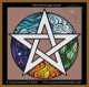cross stitch pattern of an elemental pentagram surrounded by the elemental symbols in a circular pattern, waves, clouds, stars, leaves and flames