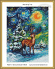 cross stitch pattern of a Christmas scene with a deer in a snowy landscape under a swirling, starry night sky